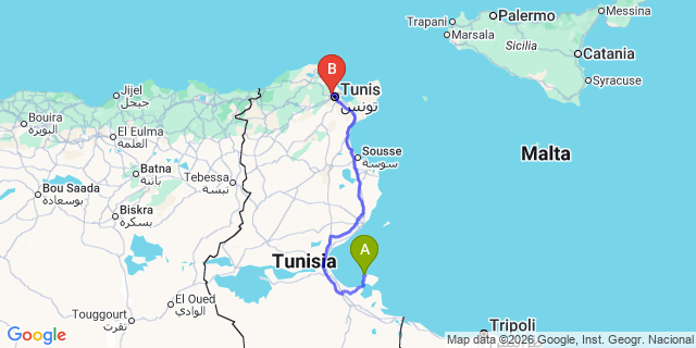 Map: Djerba Zarzis Airport (DJE) to Gabes