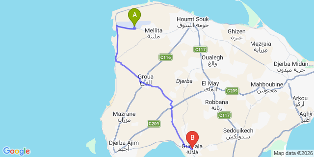 Map: Djerba Zarzis Airport (DJE) to Guellala, Djerba