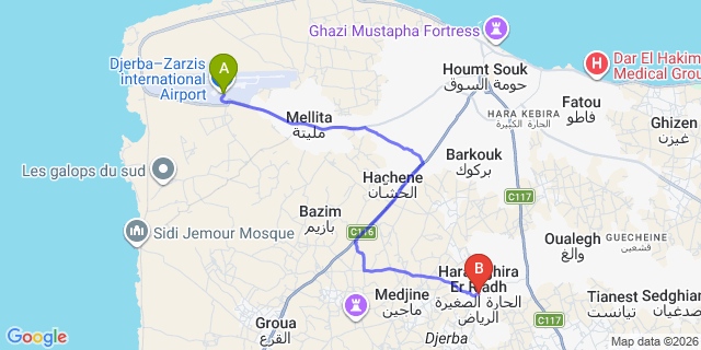 Map: Djerba Zarzis Airport (DJE) to Hara Sghira (Er Riadh), Djerba