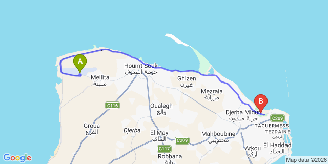 Map: Djerba Zarzis Airport (DJE) to Hotel Royal Garden Palace