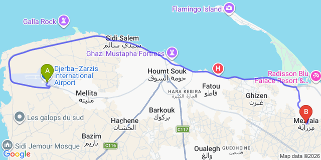 Map: Djerba Zarzis Airport (DJE) to Mezraia, Djerba