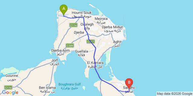 Map: Djerba Zarzis Airport (DJE) to Sangho