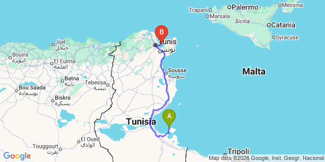 Map: Djerba Zarzis Airport (DJE) to Tataouine