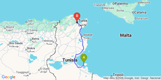 Map: Djerba Zarzis Airport (DJE) to Tunis