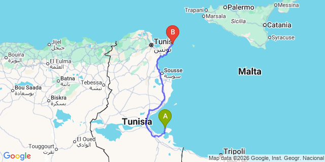 Map: Djerba Zarzis Airport (DJE) to Zarzis