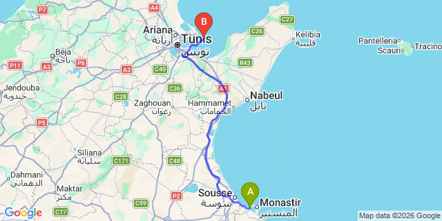 Map: Monastir Airport (MIR) to Borj Cedria