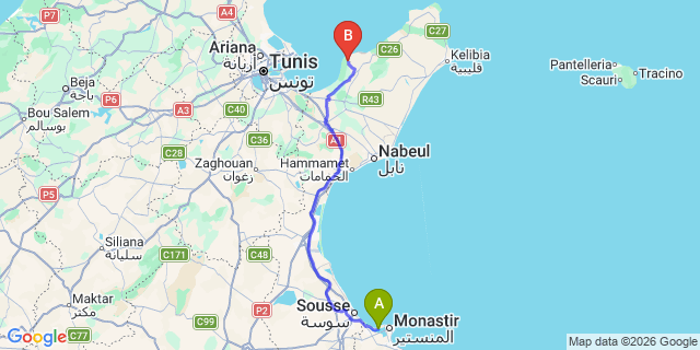 Map: Monastir Airport (MIR) to Hammam Sousse