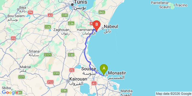 Map: Monastir Airport (MIR) to Hammamet