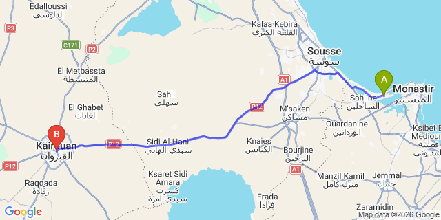 Map: Monastir Airport (MIR) to Kairouan 