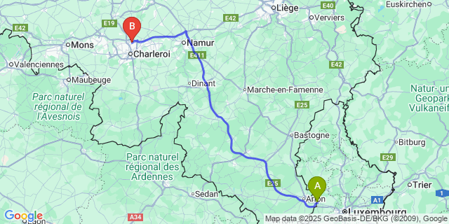 Map: Charleroi Airport Brussels South (CRL) to Steinfort