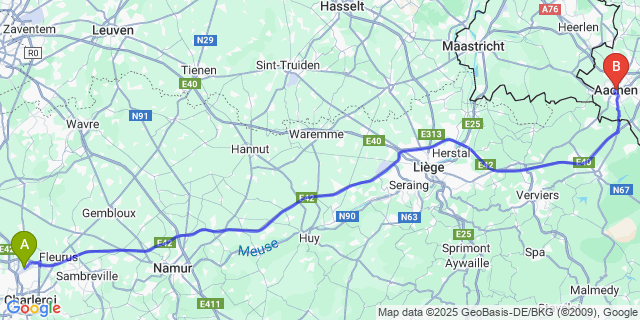Map: Charleroi Airport Brussels South (CRL) to Aachen