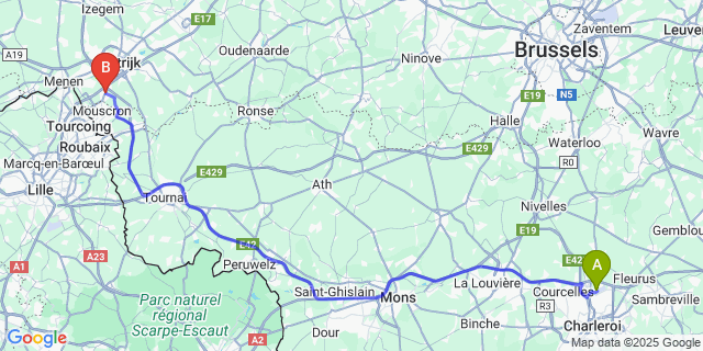 Map: Charleroi Airport Brussels South (CRL) to Aalbeke