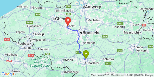 Map: Charleroi Airport Brussels South (CRL) to Aalst
