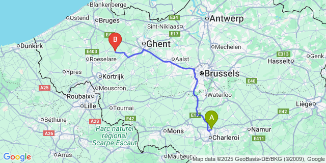 Map: Charleroi Airport Brussels South (CRL) to Aarsele