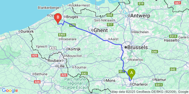 Map: Charleroi Airport Brussels South (CRL) to Aartrijke