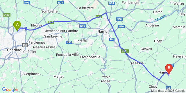 Map: Charleroi Airport Brussels South (CRL) to Achet