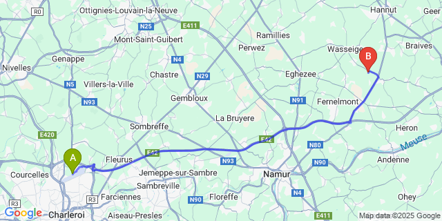 Map: Charleroi Airport Brussels South (CRL) to Acosse