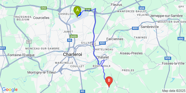 Map: Charleroi Airport Brussels South (CRL) to Acoz