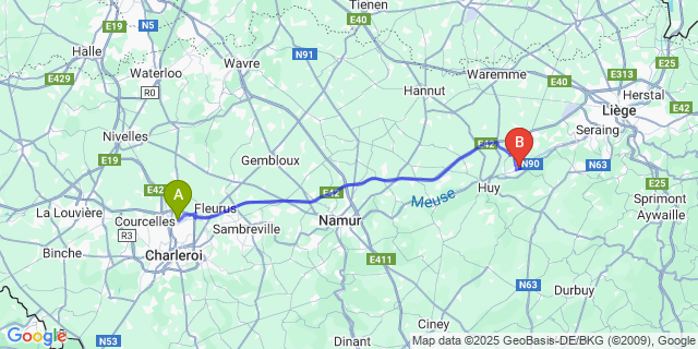 Map: Charleroi Airport Brussels South (CRL) to Amay