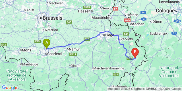 Map: Charleroi Airport Brussels South (CRL) to Amblève