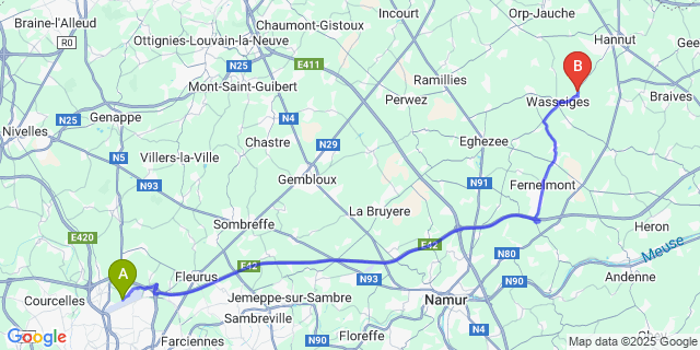 Map: Charleroi Airport Brussels South (CRL) to Ambresin