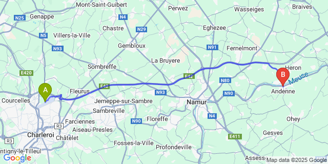 Map: Charleroi Airport Brussels South (CRL) to Andenne