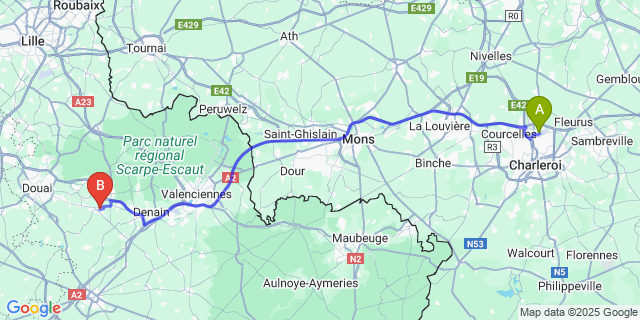 Map: Charleroi Airport Brussels South (CRL) to Aniche
