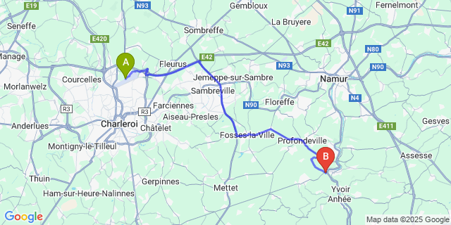 Map: Charleroi Airport Brussels South (CRL) to Annevoie-Rouillon