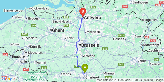Map: Charleroi Airport Brussels South (CRL) to Antwerp