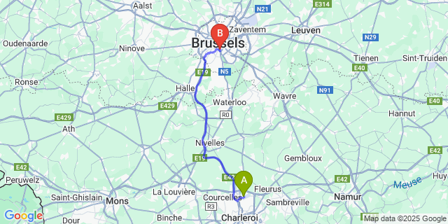 Map: Charleroi Airport Brussels South (CRL) to Aparthotel AXL Flathotel Continental Stay, Brussels