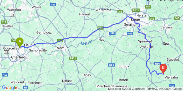 Map: Charleroi Airport Brussels South (CRL) to Arbrefontaine