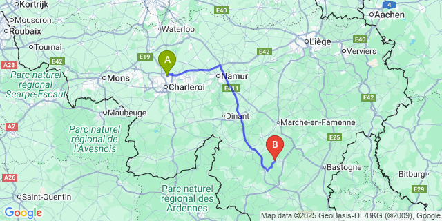 Map: Charleroi Airport Brussels South (CRL) to Arville