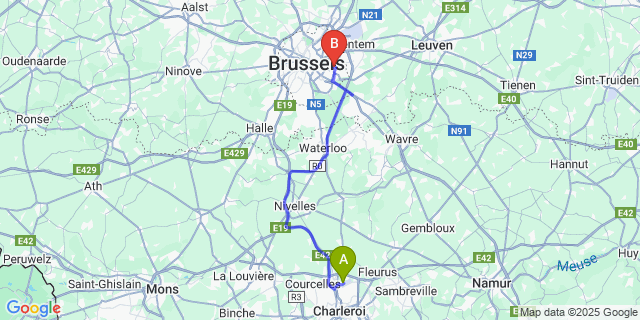 Map: Charleroi Airport Brussels South (CRL) to Aspria Brussels Royal La Rasante