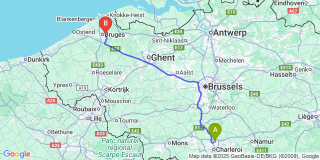 Map: Charleroi Airport Brussels South (CRL) to Assebroek