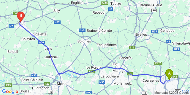 Map: Charleroi Airport Brussels South (CRL) to Ath