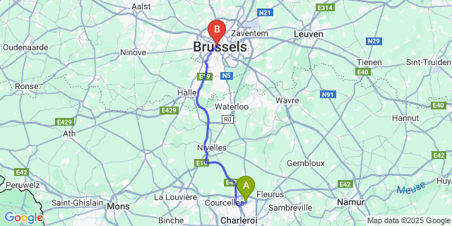 Map: Charleroi Airport Brussels South (CRL) to Atlas Hotel Brussels