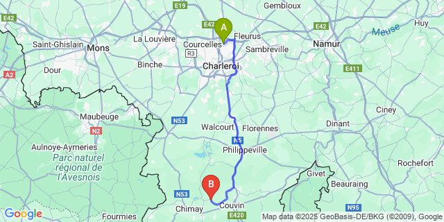 Map: Charleroi Airport Brussels South (CRL) to Aublain