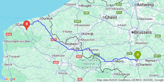 Map: Charleroi Airport Brussels South (CRL) to Audruicq