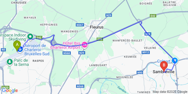 Map: Charleroi Airport Brussels South (CRL) to Auvelais