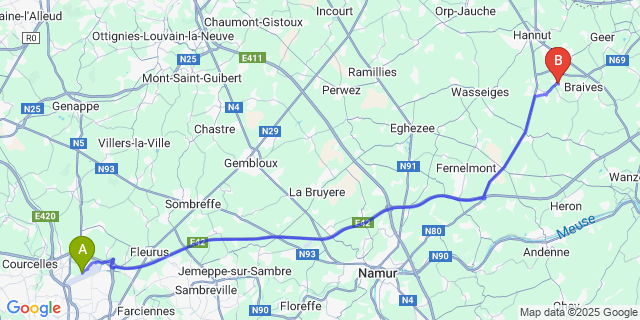 Map: Charleroi Airport Brussels South (CRL) to Avennes