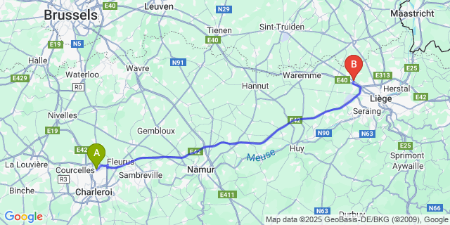 Map: Charleroi Airport Brussels South (CRL) to Awans