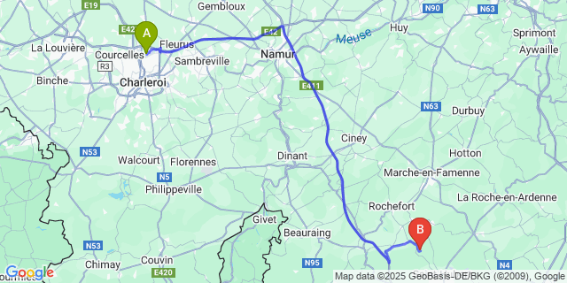 Map: Charleroi Airport Brussels South (CRL) to Awenne