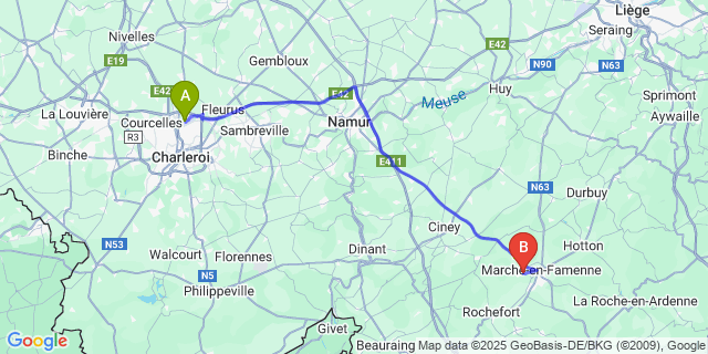 Map: Charleroi Airport Brussels South (CRL) to Aye