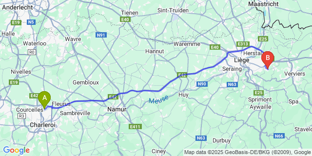 Map: Charleroi Airport Brussels South (CRL) to Ayeneux