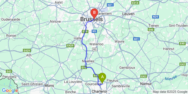 Map: Charleroi Airport Brussels South (CRL) to B-aparthotel Ambiorix, Brussels