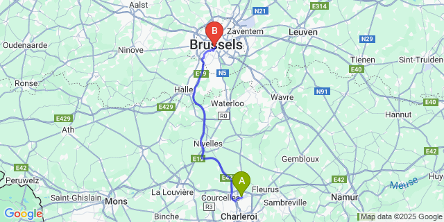 Map: Charleroi Airport Brussels South (CRL) to B&B Sablon-Aire, Brussels