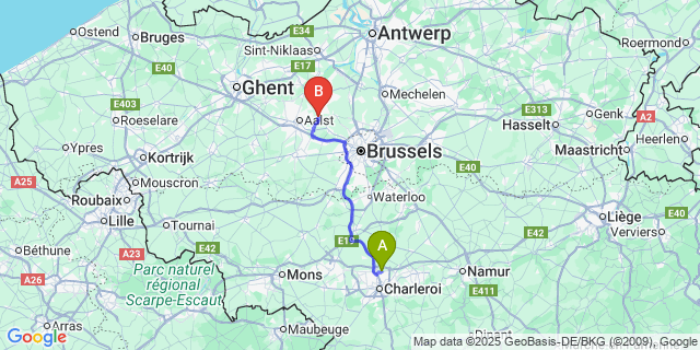 Map: Charleroi Airport Brussels South (CRL) to Baardegem