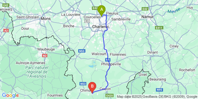 Map: Charleroi Airport Brussels South (CRL) to Baileux