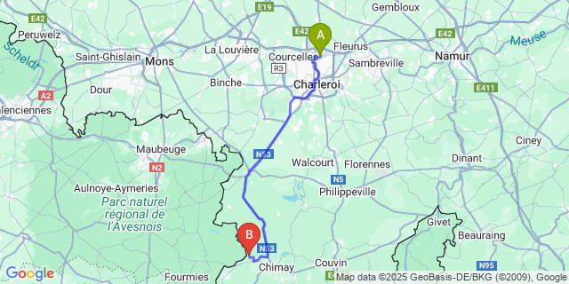 Map: Charleroi Airport Brussels South (CRL) to 