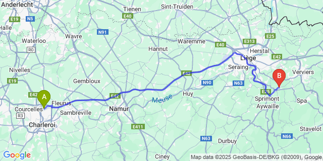 Map: Charleroi Airport Brussels South (CRL) to Banneux